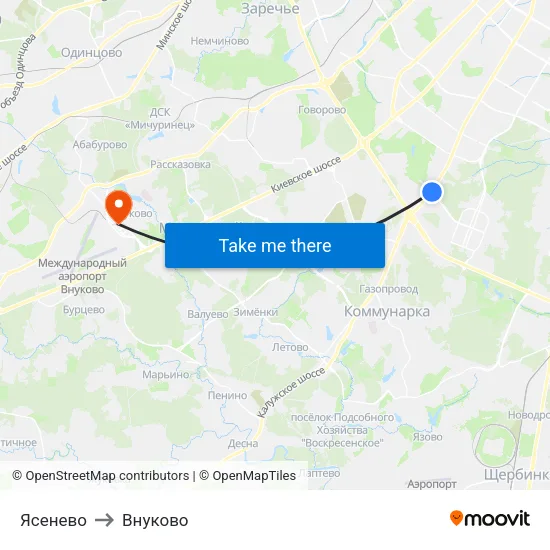 Ясенево to Внуково map