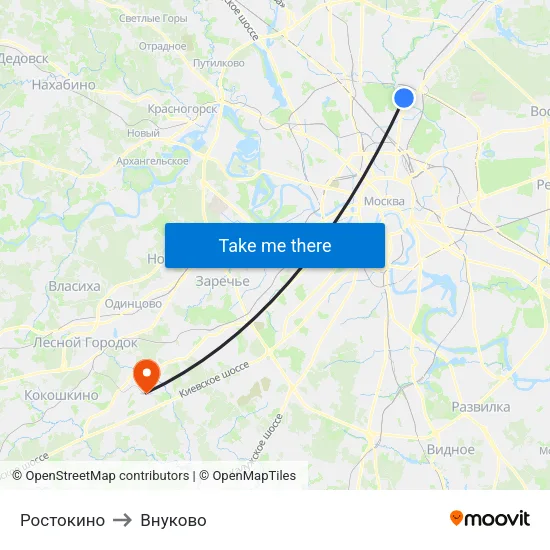 Ростокино to Внуково map