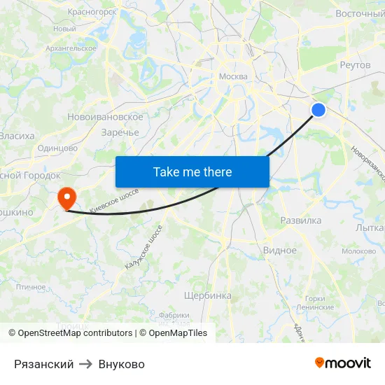 Рязанский to Внуково map