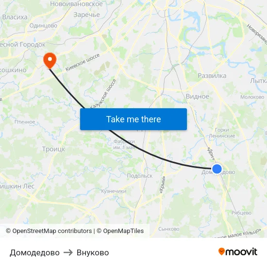 Домодедово to Внуково map
