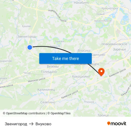 Звенигород to Внуково map