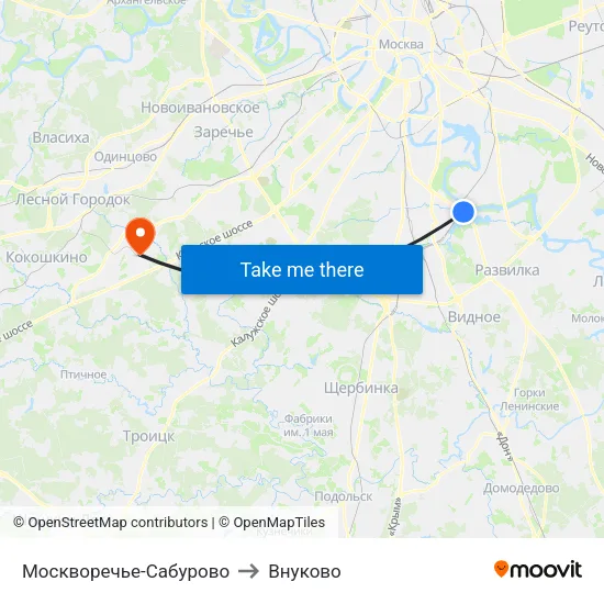 Москворечье-Сабурово to Внуково map