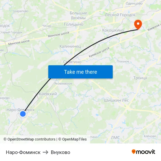 Наро-Фоминск to Внуково map