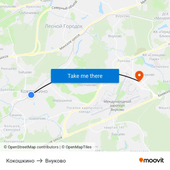 Кокошкино to Внуково map