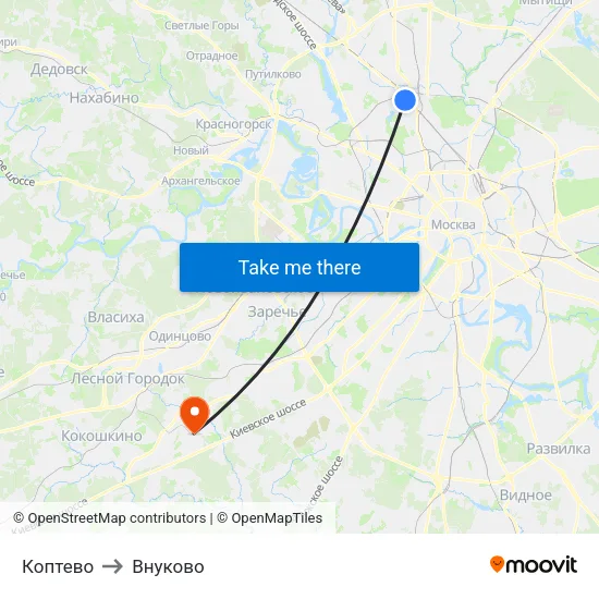 Коптево to Внуково map