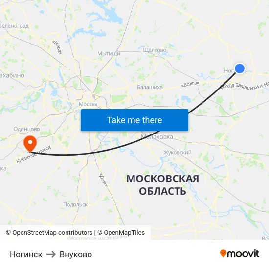 Ногинск to Внуково map