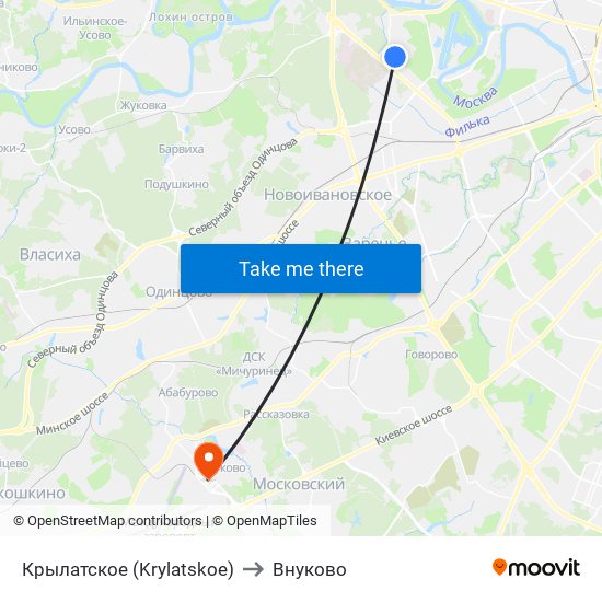 Крылатское (Krylatskoe) to Внуково map