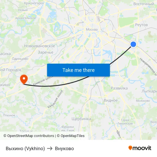 Выхино (Vykhino) to Внуково map