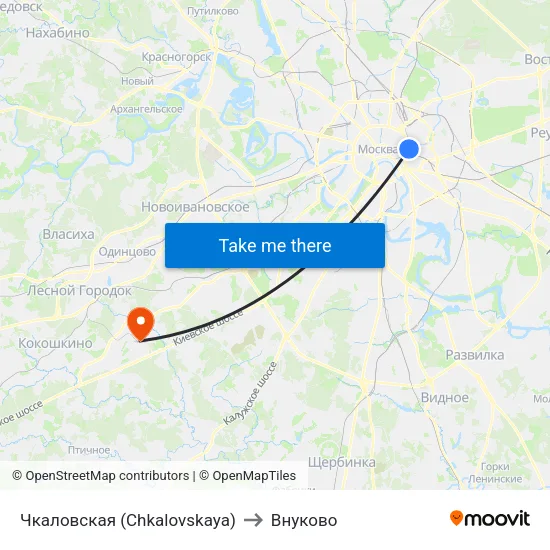 Чкаловская (Chkalovskaya) to Внуково map