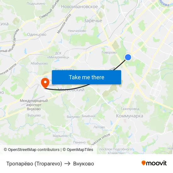 Тропарёво (Troparevo) to Внуково map