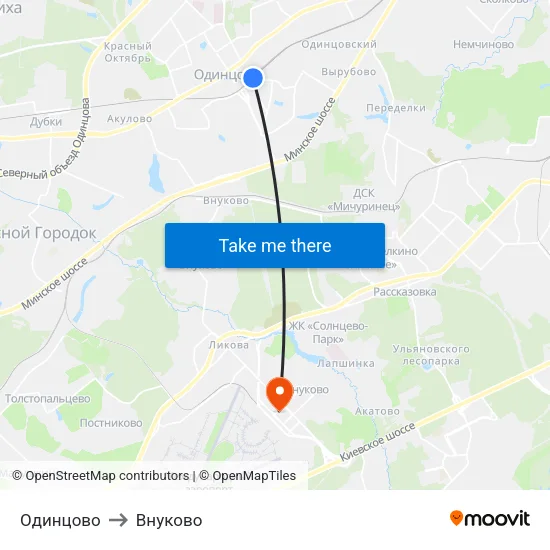 Одинцово to Внуково map