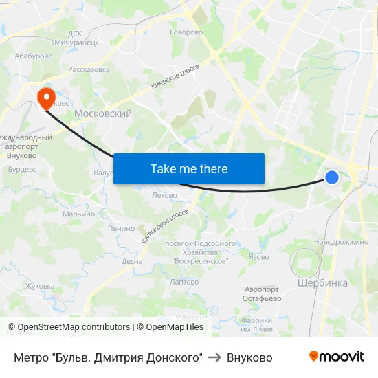 Метро "Бульв. Дмитрия Донского" to Внуково map