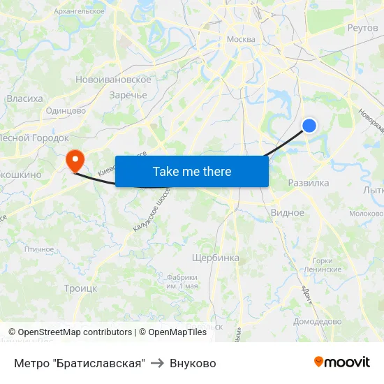 Метро "Братиславская" to Внуково map
