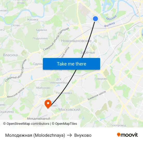 Молодежная (Molodezhnaya) to Внуково map