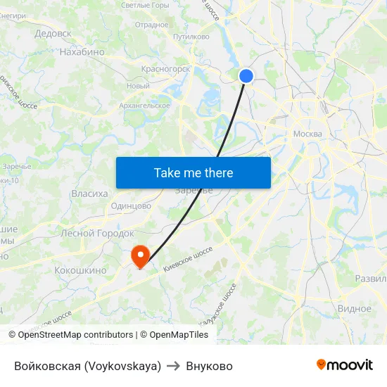 Войковская (Voykovskaya) to Внуково map