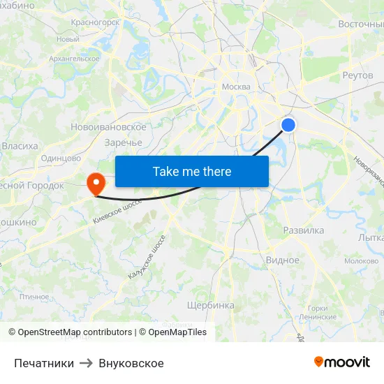Печатники to Внуковское map