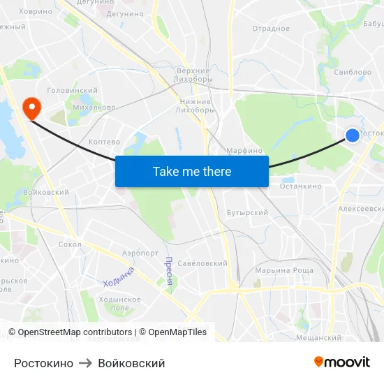 Ростокино to Войковский map