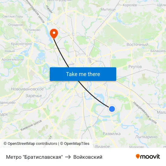 Метро "Братиславская" to Войковский map