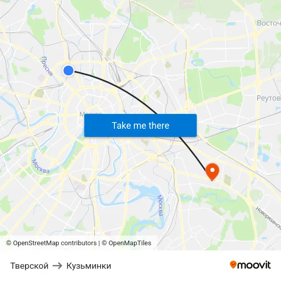 Тверской to Кузьминки map