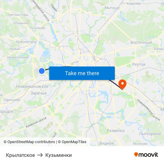 Крылатское to Кузьминки map