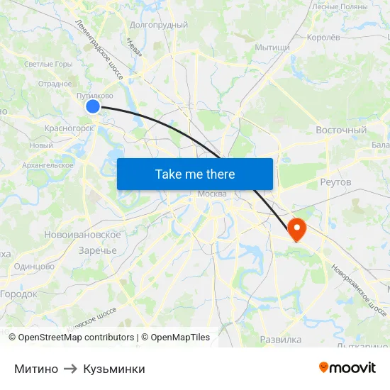 Митино to Кузьминки map