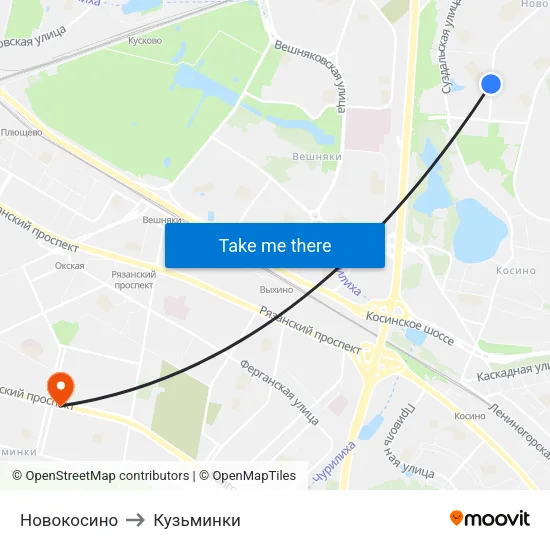 Новокосино to Кузьминки map