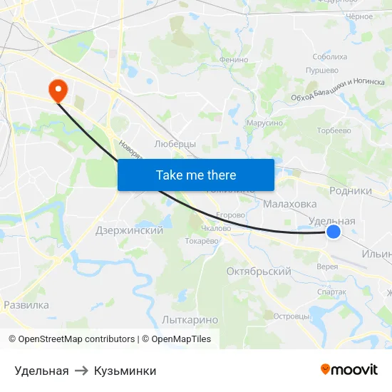 Удельная to Кузьминки map