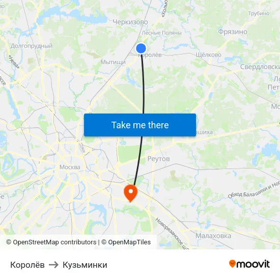 Королёв to Кузьминки map
