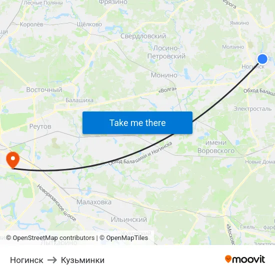Ногинск to Кузьминки map
