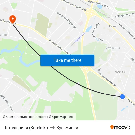 Котельники (Kotelniki) to Кузьминки map