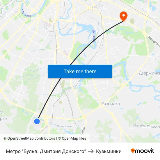 Метро "Бульв. Дмитрия Донского" to Кузьминки map