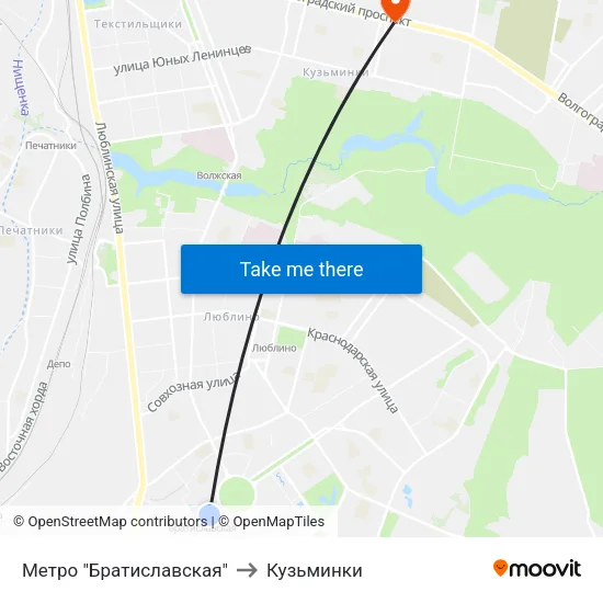 Метро "Братиславская" to Кузьминки map