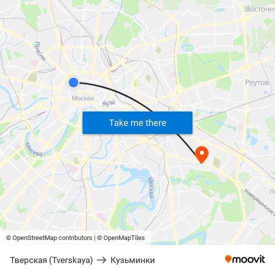 Тверская (Tverskaya) to Кузьминки map