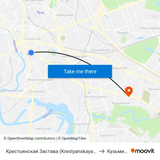 Крестьянская Застава (Krestyanskaya Zastava) to Кузьминки map