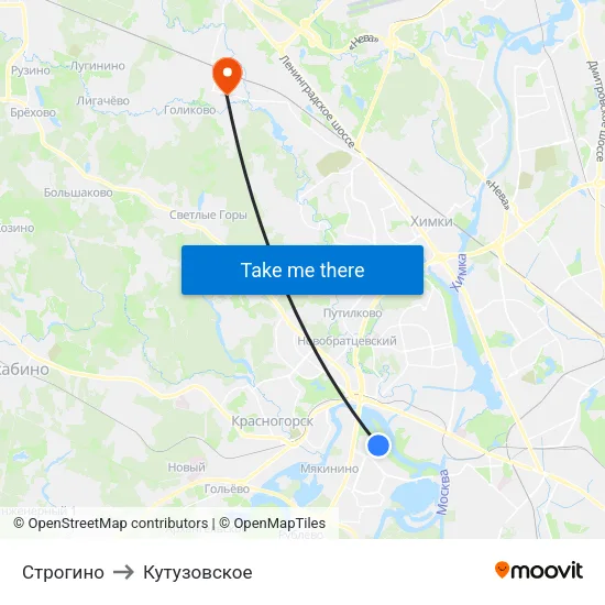 Строгино to Кутузовское map