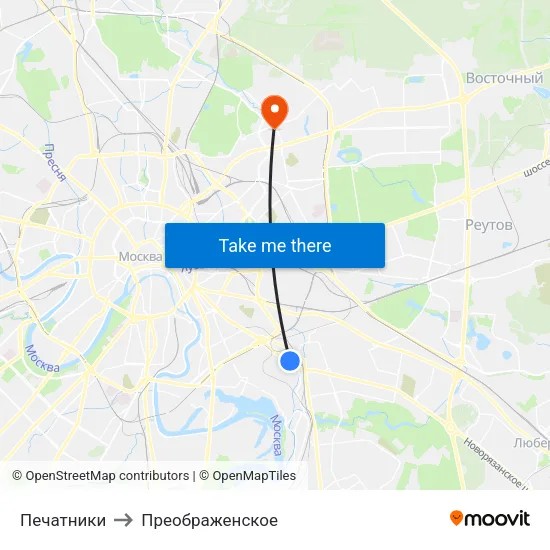 Печатники to Преображенское map