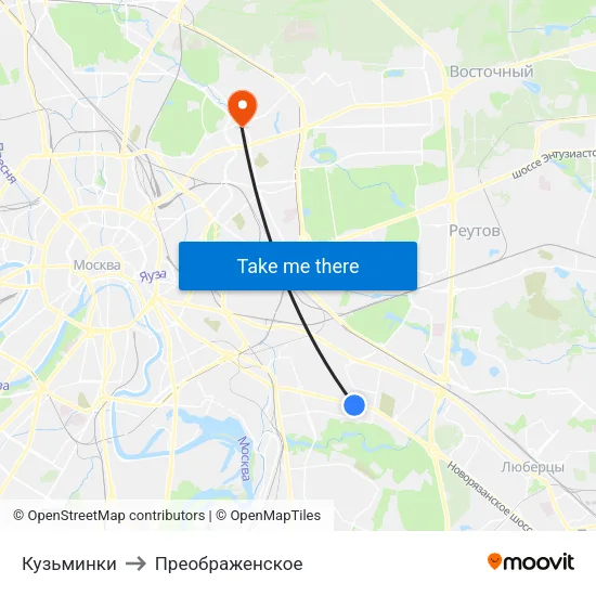 Кузьминки to Преображенское map