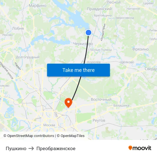 Пушкино to Преображенское map