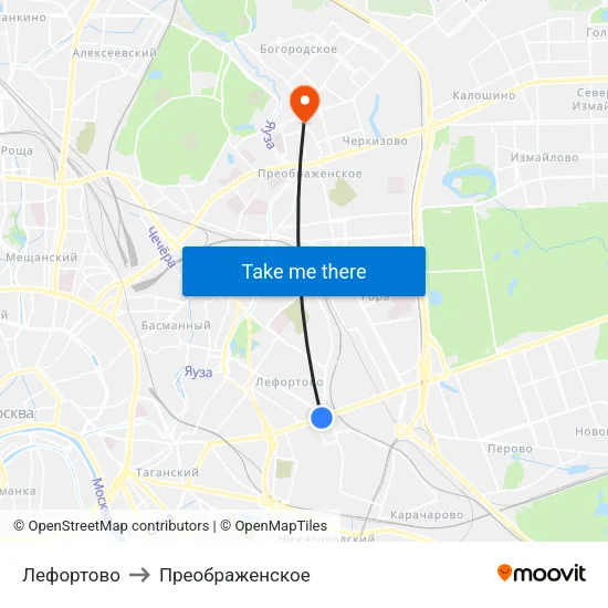 Лефортово to Преображенское map