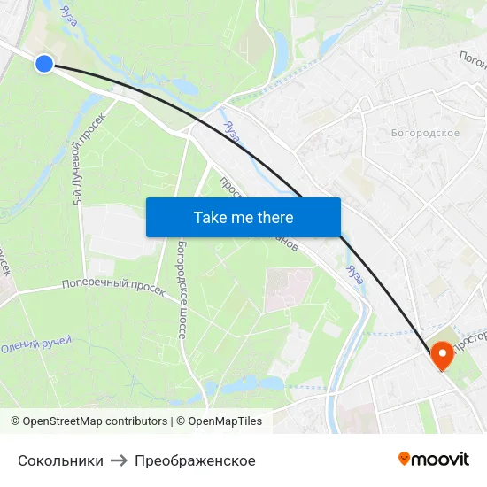 Сокольники to Преображенское map