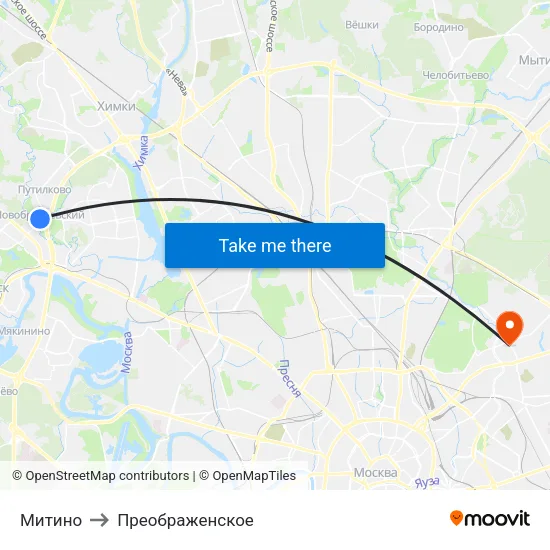 Митино to Преображенское map