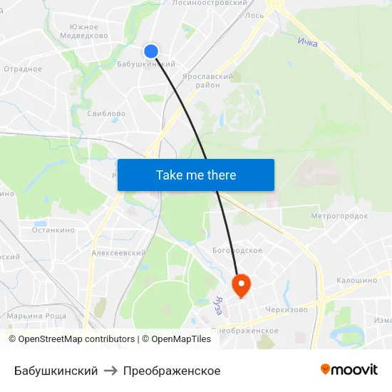 Бабушкинский to Преображенское map