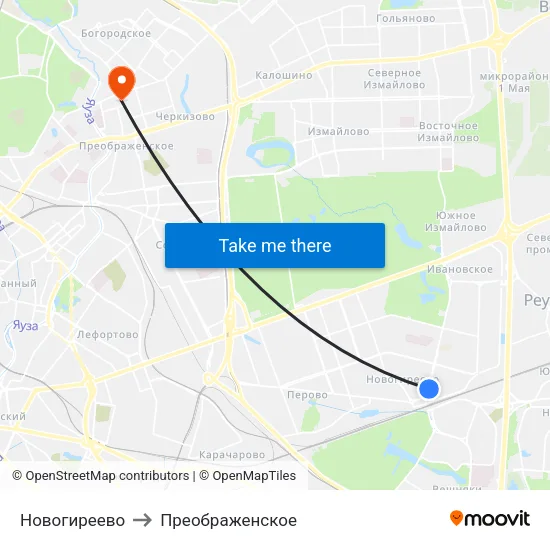 Новогиреево to Преображенское map