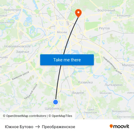Южное Бутово to Преображенское map
