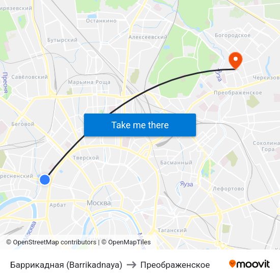 Баррикадная (Barrikadnaya) to Преображенское map