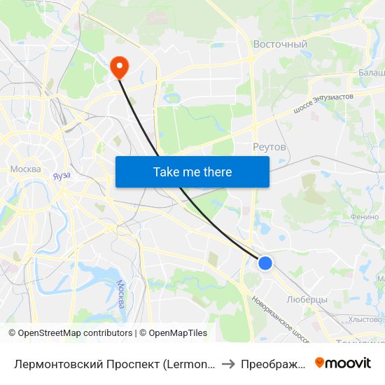 Лермонтовский Проспект (Lermontovsky Prospekt) to Преображенское map