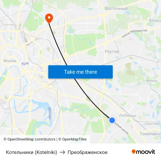 Котельники (Kotelniki) to Преображенское map