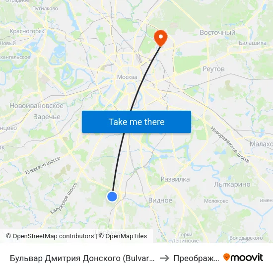 Бульвар Дмитрия Донского (Bulvar Dmitriya Donskogo) to Преображенское map