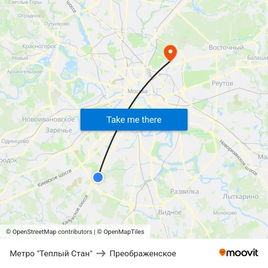 Метро "Теплый Стан" to Преображенское map