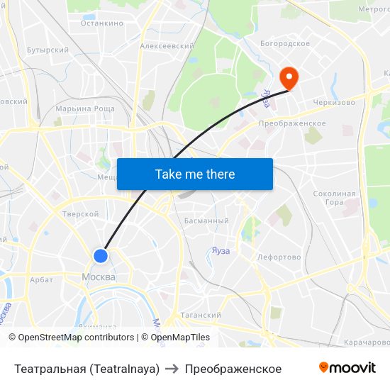 Театральная (Teatralnaya) to Преображенское map